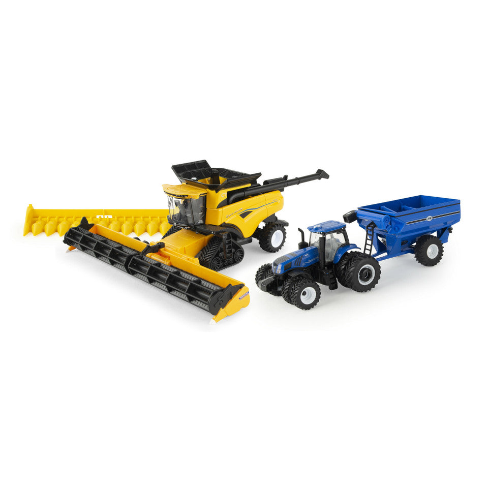 1:64 New Holland Scale Harvesting Set with Combine, Tractor & Grain Cart