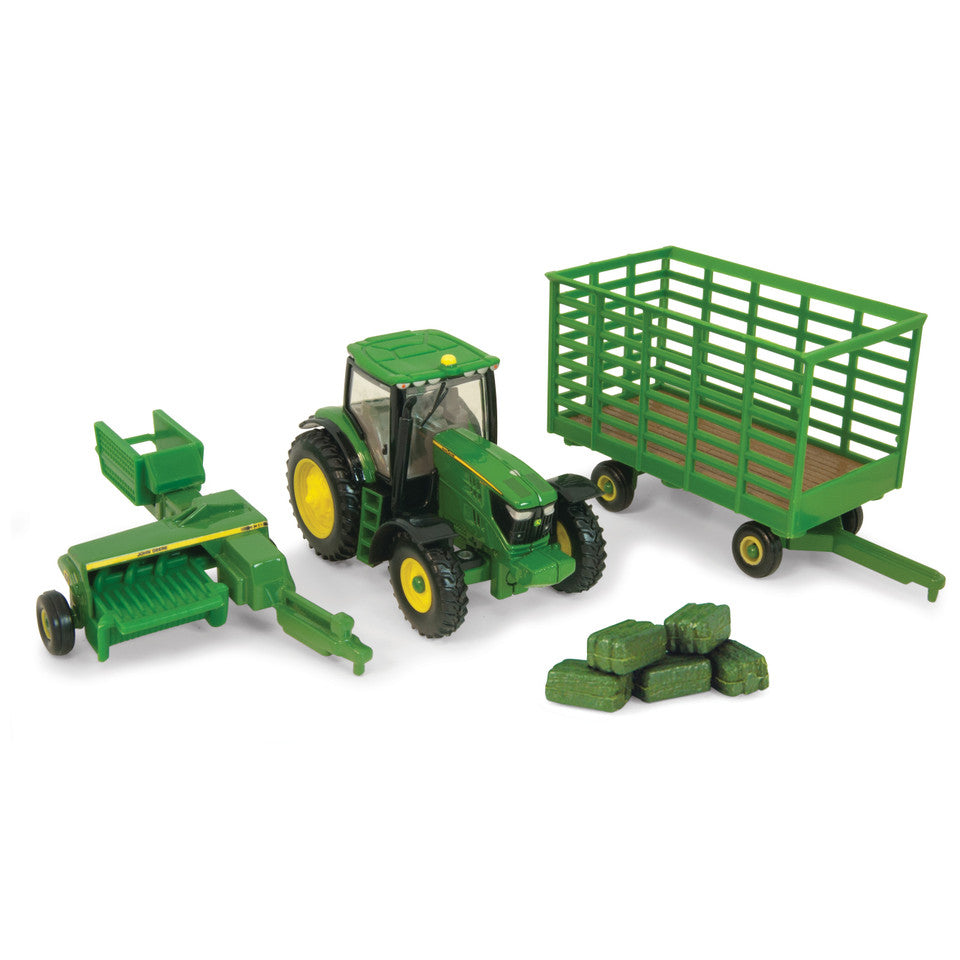 1:64 John Deere 6210R Tractor with 338 Square Baler, Bale Wagon & Bales