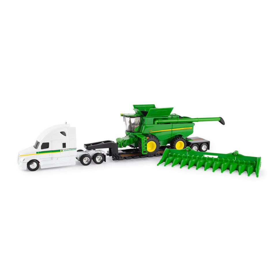 1:64 John Deere Scale S80 Combine with Semi and Lowboy Trailer - Toy Truck Playset