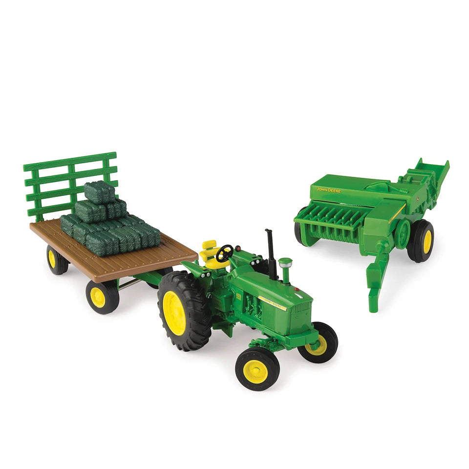 John Deere 1:32 Scale Haying Set, with Die Cast Tractor, Baler and Wagon - 15 Piece Farm Playset