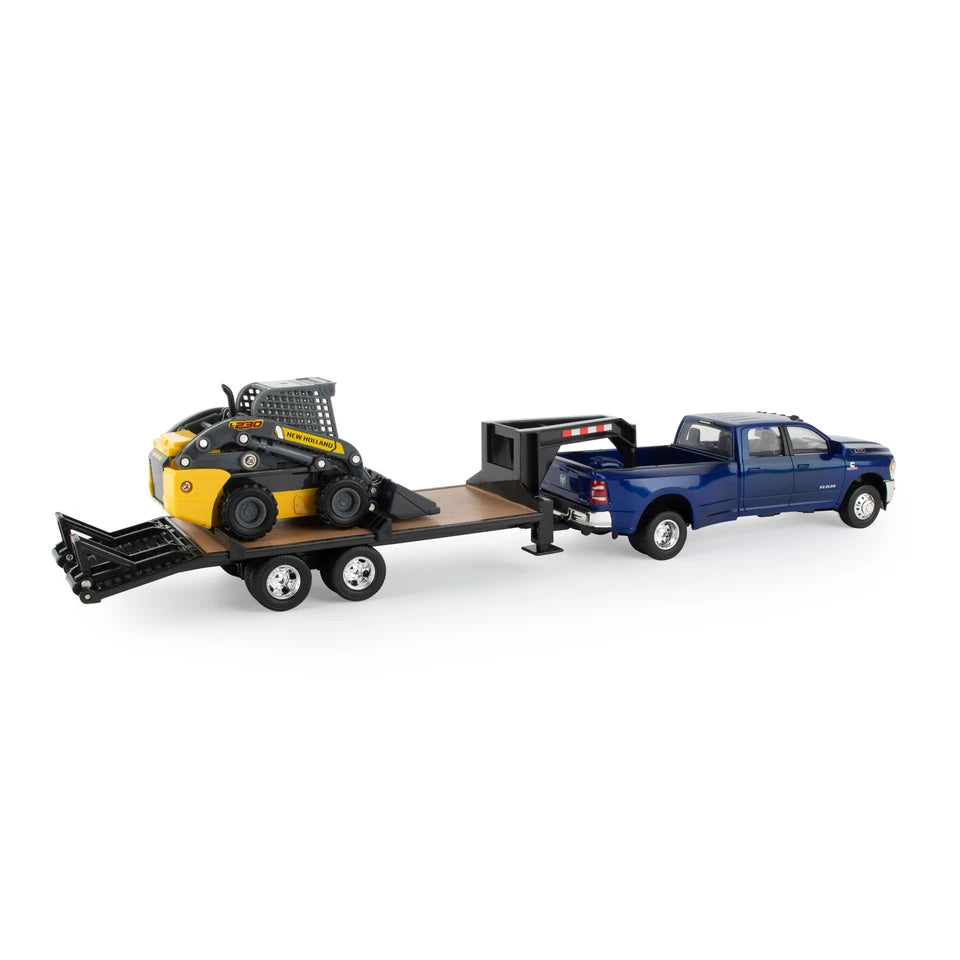 32 Ram 3500 Pickup With New Holland L230 Skid Steer and Gooseneck Trailer