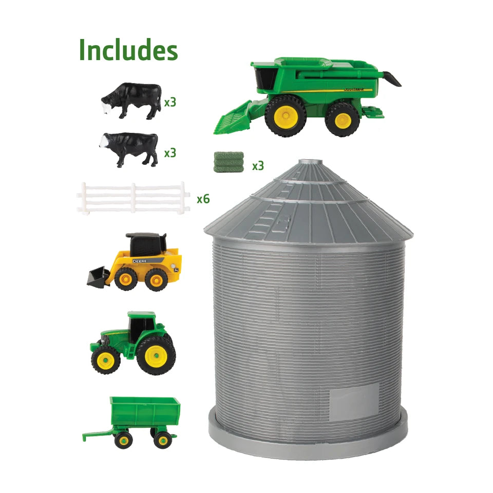 John Deere 1:64 Scale Farm Toy Playset with Grain Bin – 20-piece Toy Set